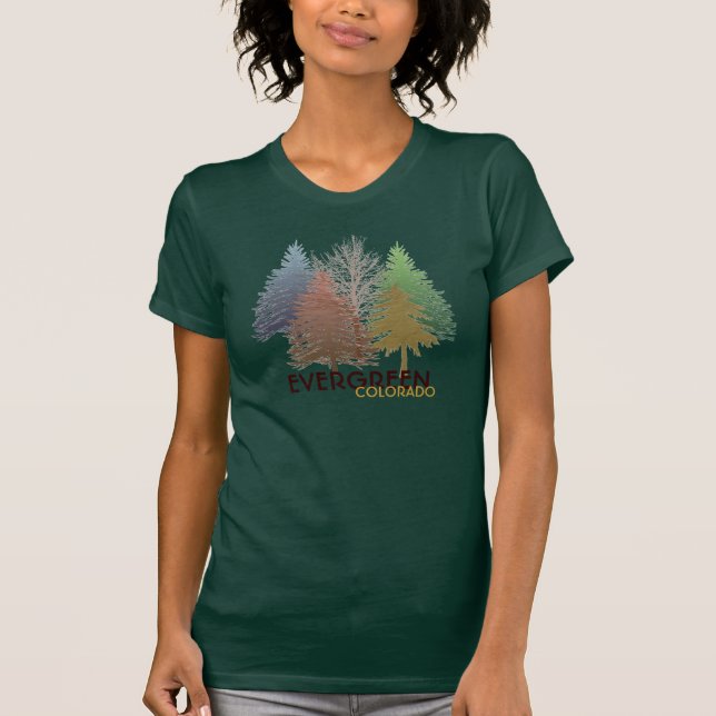 Evergreen Colorado colorful trees ladies tee (Front)