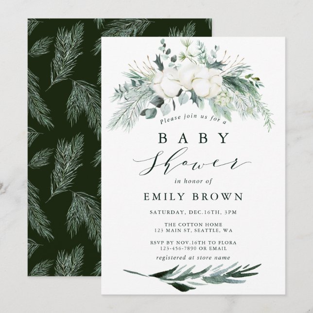 Evergreen & Cotton Flower Bouquet Baby Shower Invitation (Front/Back)