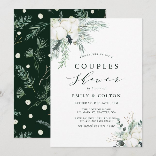 Evergreen & Cotton Flower Bouquet Couples Shower I Invitation (Front/Back)