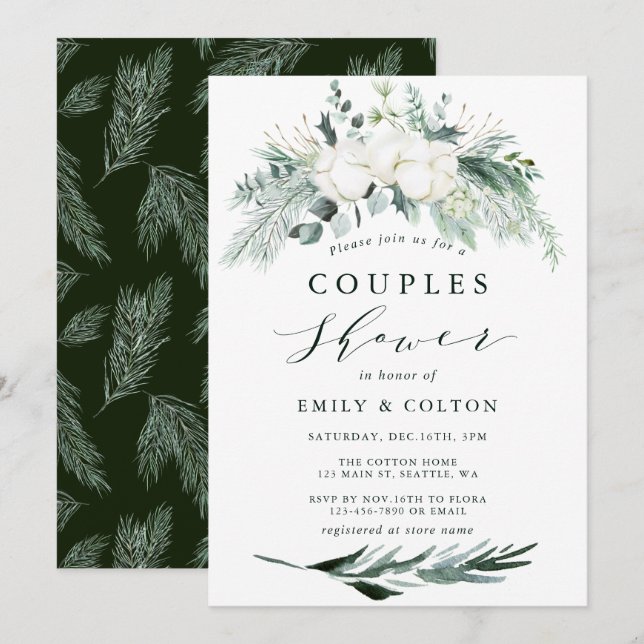 Evergreen & Cotton Flower Bouquet Couples Shower Invitation (Front/Back)