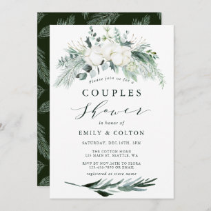 Evergreen & Cotton Flower Bouquet Couples Shower Invitation