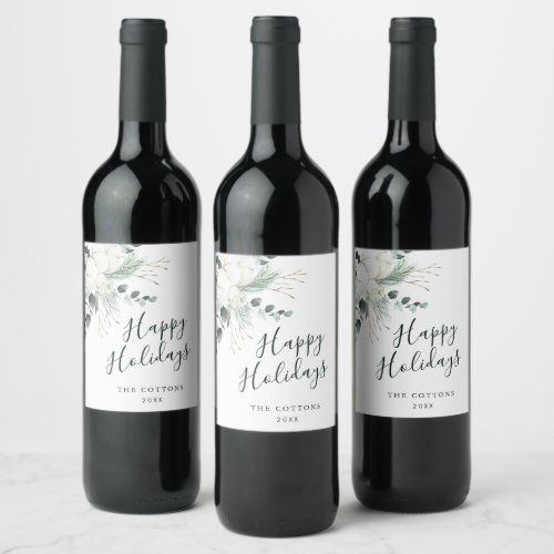 Evergreen  Cotton Flower Bouquet Happy Holidays Wine Label