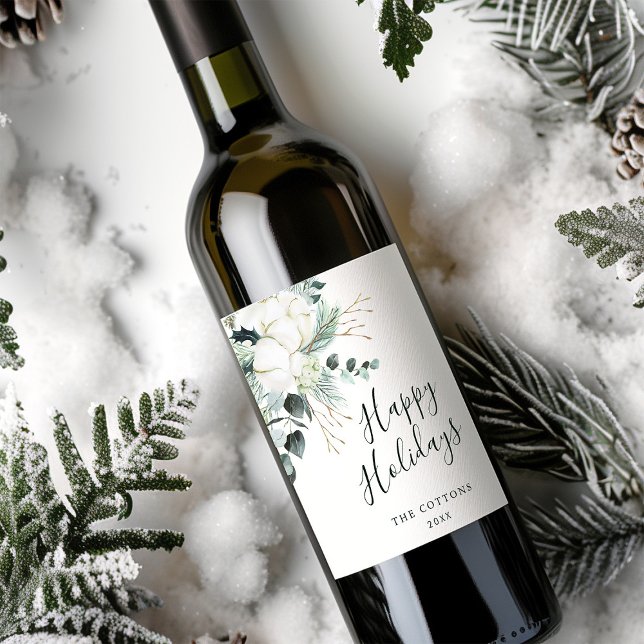 Evergreen & Cotton Flower Bouquet Happy Holidays Wine Label (Creator Uploaded)