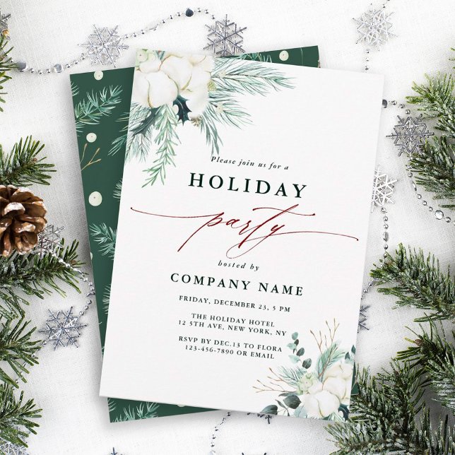 Evergreen & Cotton Flower Bouquet Holiday Party Invitation (Creator Uploaded)