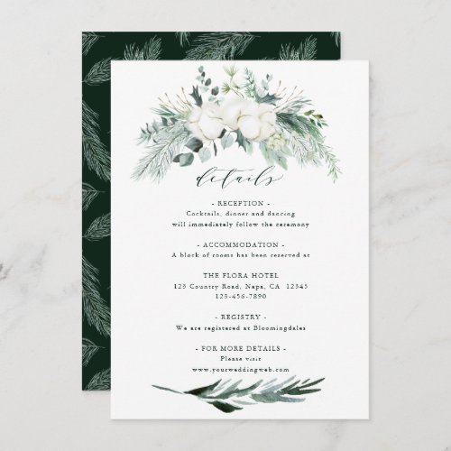 Evergreen  Cotton Flower Bouquet Wedding Details Enclosure Card