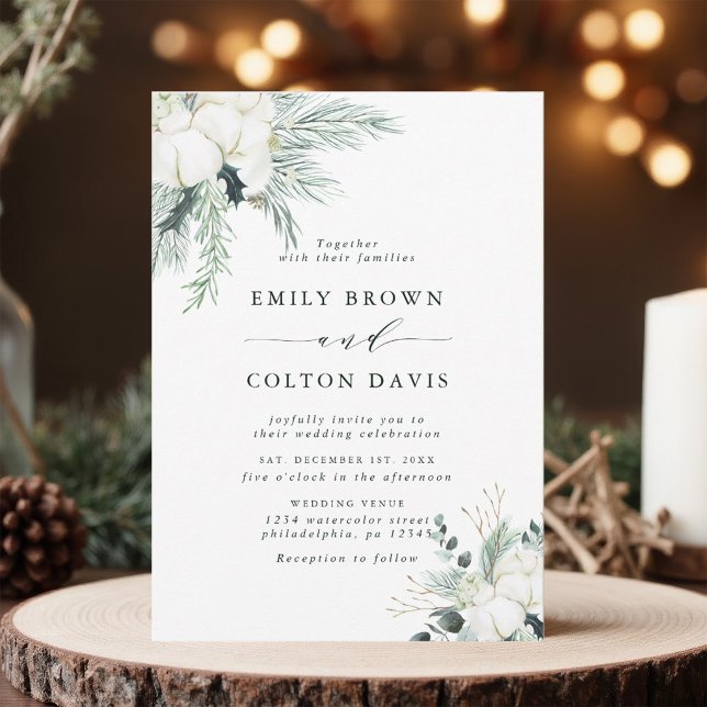 Evergreen & Cotton Flower Bouquet Wedding  Invitation (Creator Uploaded)