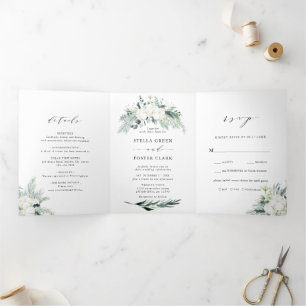 Evergreen & Cotton Flower Bouquet Wedding Tri-Fold Invitation