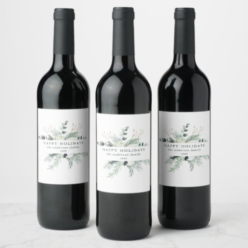 Evergreen  Cotton Flower Happy Holidays Elegant Wine Label