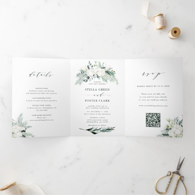 Evergreen & Cotton Flower QR Code RSVP Wedding Tri-Fold Invitation (Inside)