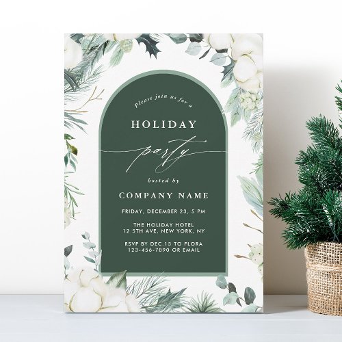 Evergreen &amp; Cotton Flower Watercolor Holiday Party Invitation