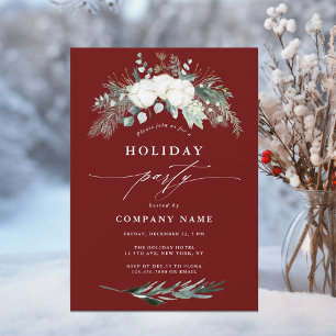 Evergreen & Cotton Flower Winter Holiday Party Red Invitation