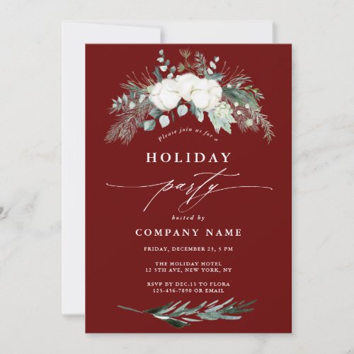 Evergreen  Cotton Flower Winter Holiday Party Red Invitation
