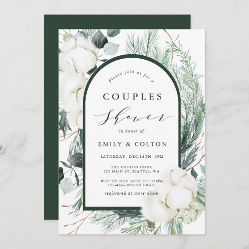 Evergreen  Cotton Flowers Arch Couples Shower Invitation