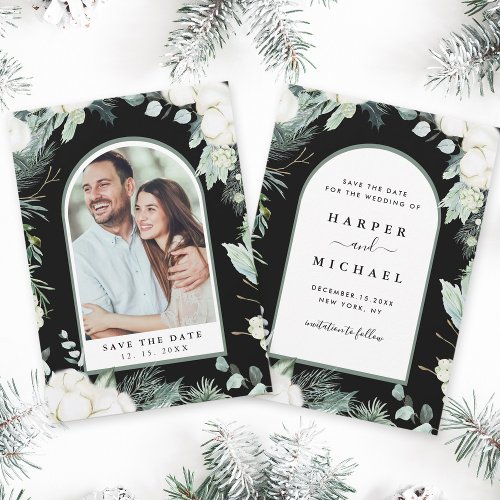 Evergreen  Cotton Flowers Arch Photo Black Save The Date