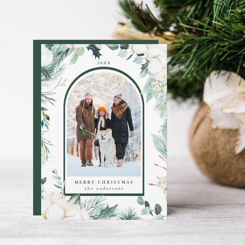 Evergreen  Cotton Flowers Arch Photo Winter  Holiday Card