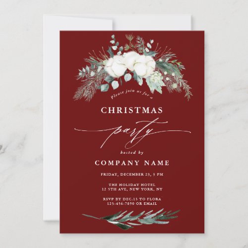 Evergreen  Cotton Flowers Christmas Party Red Invitation