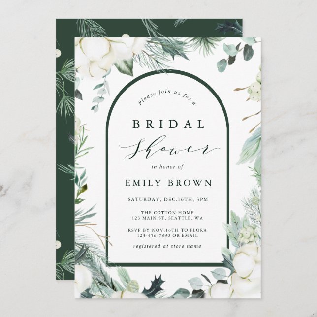 Evergreen & Cotton Flowers Elegant Bridal Shower Invitation (Front/Back)