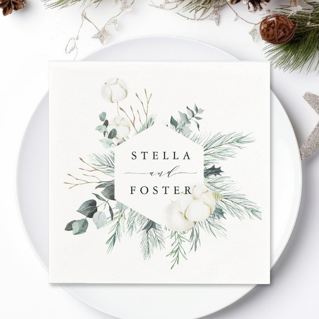 Evergreen & Cotton Flowers Elegant Hexagon Wedding Napkins (Creator Uploaded)