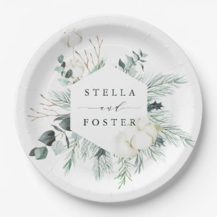 Evergreen & Cotton Flowers Elegant Hexagon Wedding Paper Plates