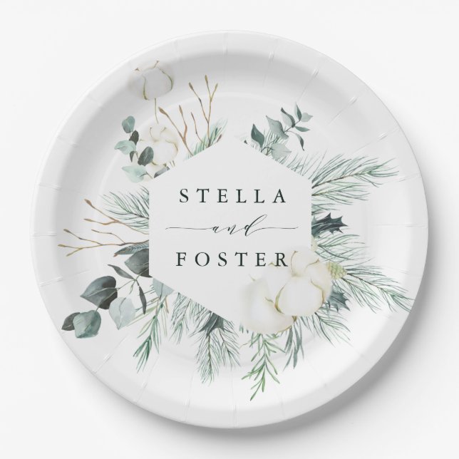 Evergreen & Cotton Flowers Elegant Hexagon Wedding Paper Plates (Front)