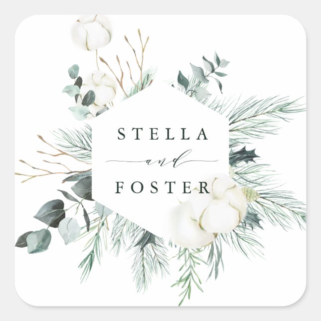 Evergreen & Cotton Flowers Elegant Hexagon Wedding Square Sticker (Front)