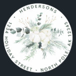 Evergreen & Cotton Flowers Elegant Return Address Classic Round Sticker<br><div class="desc">This round sticker features hand-painted winter greenery,  cotton flowers with golden and watercolor textures. For more advanced customization of this design,  please click the "customize further" link. Matching items are also available.</div>