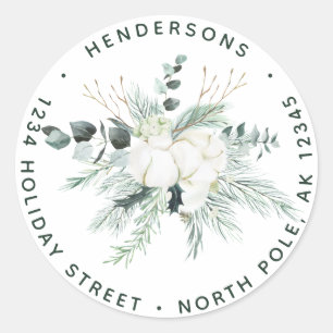 Evergreen & Cotton Flowers Elegant Return Address Classic Round Sticker