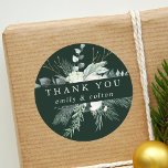 Evergreen & Cotton Flowers Elegant Thank You Green Classic Round Sticker<br><div class="desc">This round sticker features hand-painted winter greenery,  cotton flowers with golden and watercolor textures. For more advanced customization of this design,  please click the "customize further" link. Matching items are also available.</div>