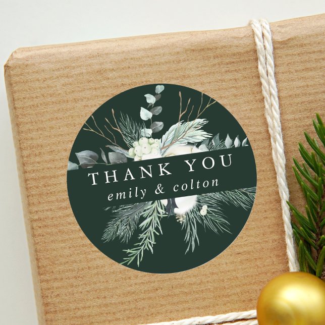 Evergreen & Cotton Flowers Elegant Thank You Green Classic Round Sticker (Creator Uploaded)