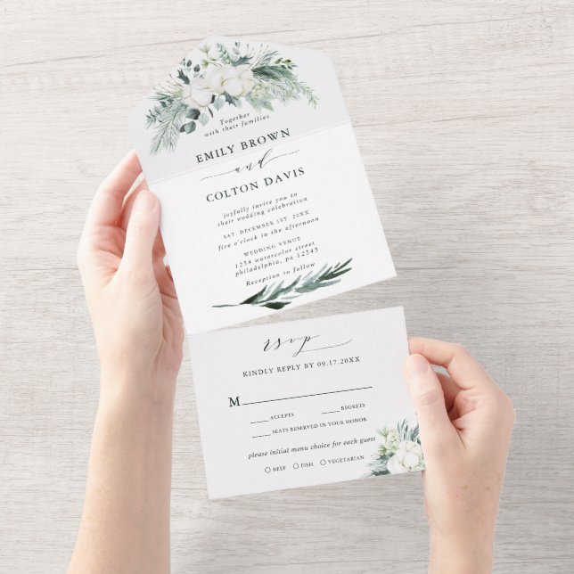 Evergreen & Cotton Flowers Elegant Wedding  All In One Invitation (Tearaway)