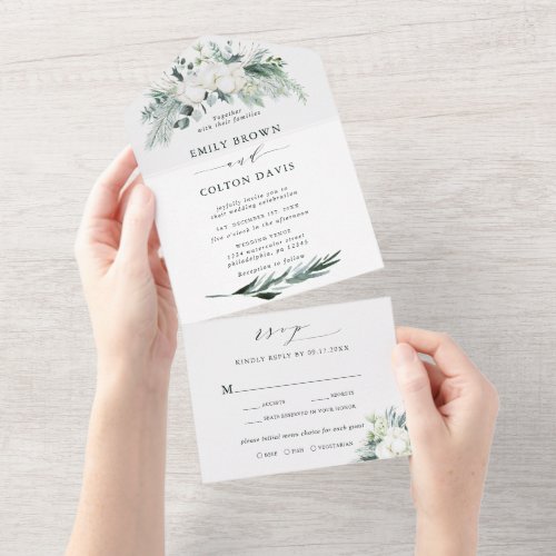 Evergreen  Cotton Flowers Elegant Wedding  All In One Invitation