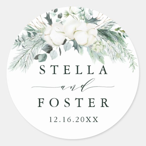 Evergreen  Cotton Flowers Elegant Wedding Classic Round Sticker