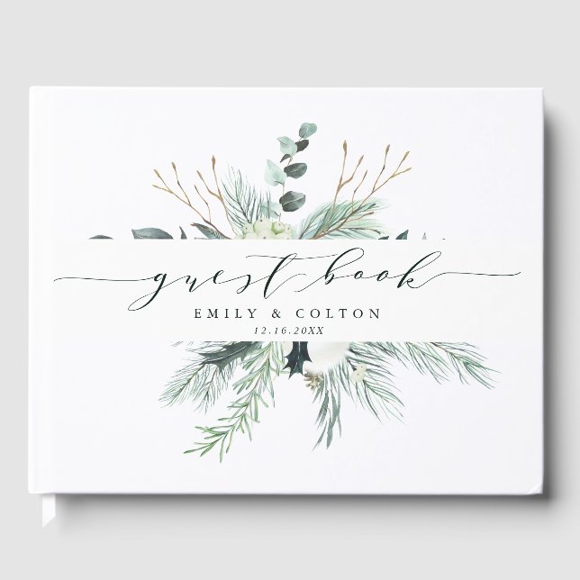 Evergreen & Cotton Flowers Elegant Wedding Guest Book (Front)