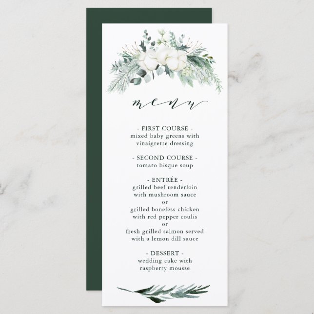 Evergreen & Cotton Flowers Elegant Wedding Menu (Front/Back)