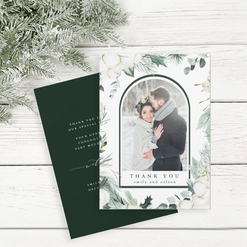 Evergreen  Cotton Flowers Elegant Wedding Photo Thank You Card