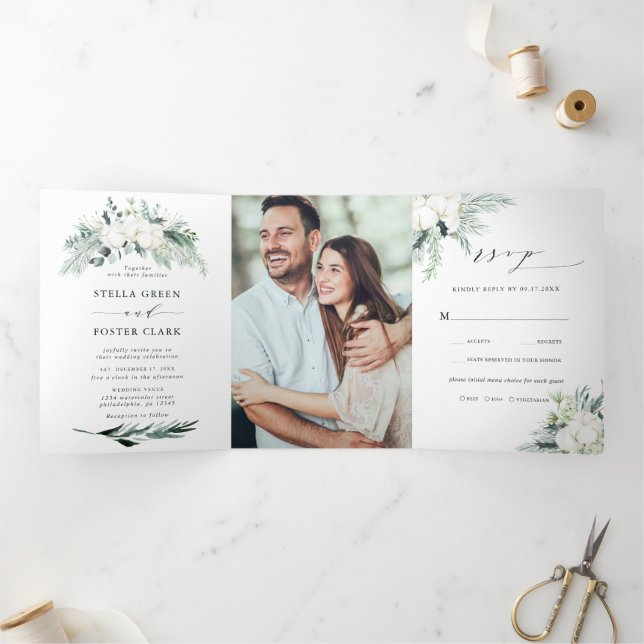 Evergreen & Cotton Flowers Elegant Wedding Photo Tri-Fold Invitation (Inside)