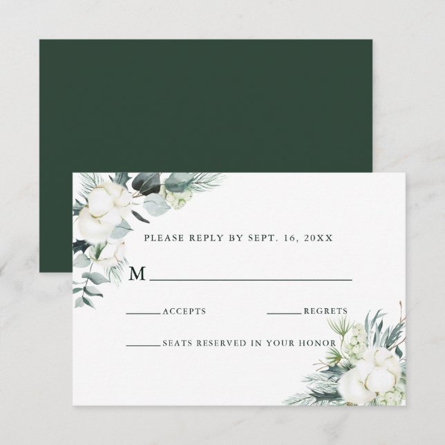 Evergreen & Cotton Flowers Elegant Wedding RSVP Card (Front/Back)
