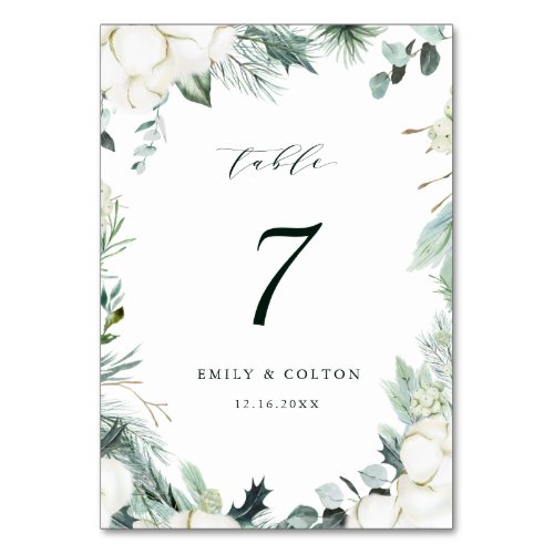 Evergreen  Cotton Flowers Elegant Wedding  Table Number