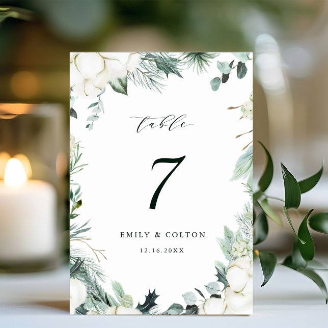 Evergreen & Cotton Flowers Elegant Wedding  Table Number (Creator Uploaded)