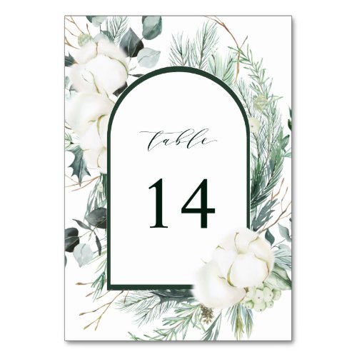 Evergreen  Cotton Flowers Elegant Wedding Table Number