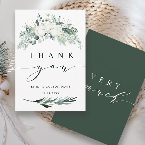Evergreen  Cotton Flowers Elegant Wedding  Thank You Card