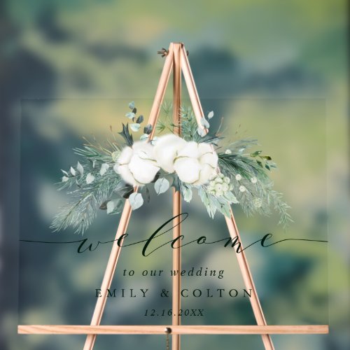 Evergreen  Cotton Flowers Elegant Wedding Welcome Acrylic Sign