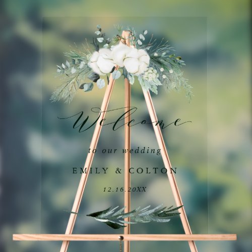 Evergreen  Cotton Flowers Elegant Wedding Welcome Acrylic Sign