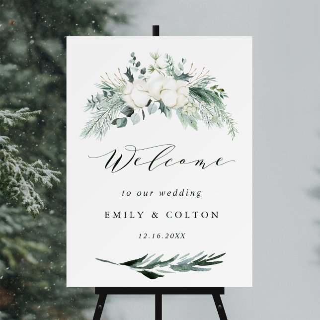 Evergreen & Cotton Flowers Elegant Wedding Welcome Foam Board (Creator Uploaded)