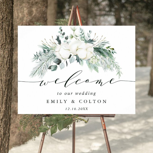 Evergreen & Cotton Flowers Elegant Wedding Welcome Poster (Creator Uploaded)