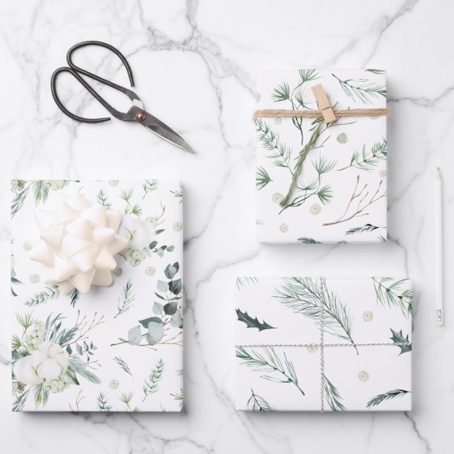 Evergreen & Cotton Flowers Elegant Wrapping Paper Sheets (Front)