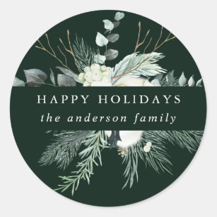 Evergreen & Cotton Flowers Happy Holidays Green Classic Round Sticker