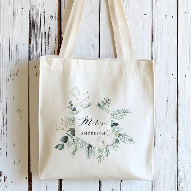Evergreen & Cotton Flowers Mrs. Personalized Tote Bag (Creator Uploaded)