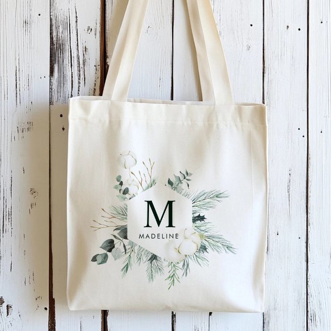 Evergreen & Cotton Flowers Personalized Name Tote Bag (Creator Uploaded)