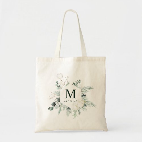 Evergreen  Cotton Flowers Personalized Name Tote Bag